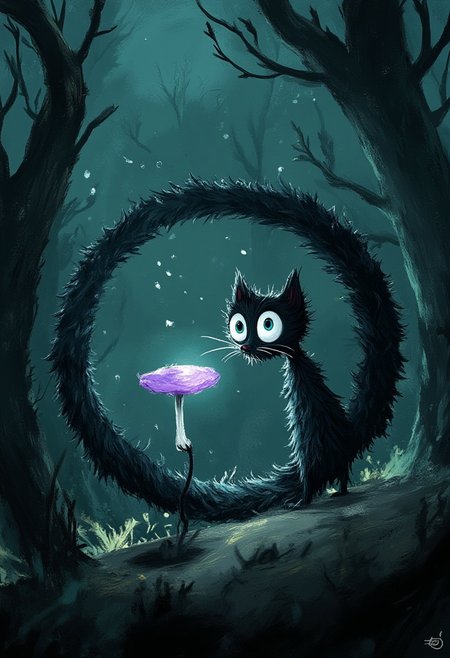A whimsical illustration of a thin black cat with wild tattered fur in dark whimsical art style, coiled into an impossible spiral shape while contemplating a glowing purple mushroom, digital painting with mysterious brushstrokes showing shadows and light, dark forest background with distant lights, characteristic Tim Burton inspired design with enormous sapphire eyes holding ancient wisdom