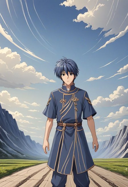 high resolution, solo, best quality, 1Boy, Tomoya Okazaki, Grey Blue Hair, existential longing, fantasy background, strong wind, OverallDetail