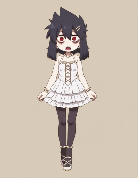 zPDXL, score_9, score_8_up, score_7_up, source_anime, (portrait), 1girl, solo,
 <lora:KobayashiDragonPack:1> drgmd, <lora:Furfrou_v2:0.8> furfrou, dog ears, dog tail, dog girl, black fur, white skin, red eyes, jitome, bags under eyes, small breasts, freckles,, open mouth, jumping, bride wearing Sheer lace bodysuit with pearl accents, satin ball gown skirt with lace overlay, pearl hair pins, pearl ankle strap heels, wedding veil with lace, heirloom pendant,delicate pearl necklace and earrings set