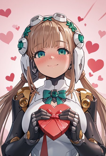 score_4,score_5,score_6,score_7_up,score_8_up,score_9 ((masterpiece,best quality,ultra detailed,highres,HD,4k:1.2)), 
1girl, solo,solo focus,girl focus,face focus,
robo girl,android,robot joints,very long hair,brown hair,low twintails,bangs,green eyes,head gear,head ornament,helmet,large breasts,
upper body,
pov,from the front, front view, front angle, 
Happy Valentine's Day, Valentine's chocolate, holding wrapped chocolate, 
heart background, 
full face blush,Embarrassing,smile,closed mouth,