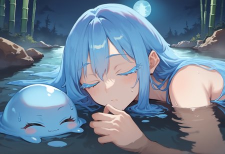 score_9, score_8_up, score_7_up, score_6_up, tsepmet_urumir_xl, rimuru tempest, slime girl, long hair, blue hair, partially submerged, lake, moonlight, bamboo, close-up, on stomach, peaceful, colored eyelashes, blue eyelashes, jirai kei, 
onsen, closed eyes, blue moon, serenity, dark, night, 
<lora:Rimuru_Tempest_XL_Pony:1>
<lora:Concept Art Twilight Style SDXL_LoRA_Pony Diffusion V6 XL:1>