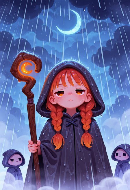 pikaole,masterpiece, best quality, amazing quality, very aesthetic, high resolution, very awa,
1girl, face focus, twin braids, jitome, cloud, crescent moon, fog, holding mage staff, rain, hood up, cloak, [(realistic:0.5)::0.2],
, <lora:NOOB_EPSv1_1_detailer_by_vlnvk_v1_0:1>
, <lora:spo_sdxl_10ep_4k-data_lora_webui:.5>
,  <lora:pikaole:1>