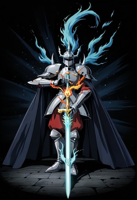 score_9, score_8_up, score_7_up, score_6_up, score_5_up, score_4_up, source_anime,NCRender,retro artstyle,knight,horned helmet,holding sword,flaming sword,blue flames,full body,dynamic pose