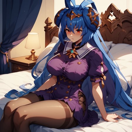 safe_pos, safe_pos, score_9, score_8_up, score_7_up, score_6_up, source_anime,GEN, BREAK, Origa Dragalia, red eyes, blue hair, long hair, double bun, bangs, hair ornament, large breasts, wide hips, wyrmprintoriga, (hair flower:1), sailor collar, brooch, purple dress, buttons, pantyhose, 1girl, sitting on bed
