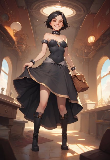 score_9, score_8_up, score_8_up, 1800's era fashion and technology, concept art, illustration. Steampunk, industrial revolution, 
1girl, age in mid20s, crooked smile, parted lips, (black hair), short hair, freckles, hazel eyes, (small breasts;1.3), long full-length black bowsette dress with orange trim, brown messenger bag. Wearing riding boots, she is looking out a porthole window, standing inside a passenger compartment aboard a dirigible airship, high res image, masterpiece, detailed background, perfection style