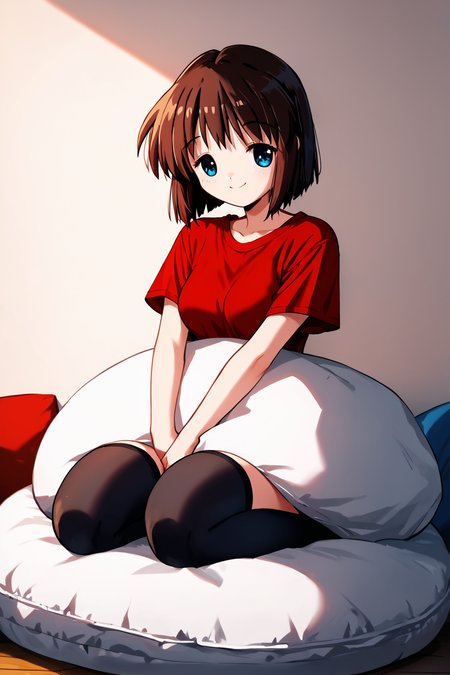 score_9, score_8_up, score_7_up, score_6_up, rating_safe, source_anime, best quality, masterpiece, detailed background, detailed eyes, indoors, sitting on a bean bag, hugging a big teddy bear, red t-shirt, oversized shirt, no pants, 2.5d, <lora:misaka-shiori-xl-04:1.2>, misaka shiori, medium breasts, brown hair, blue eyes, black stockings, half-closed eyes, smile