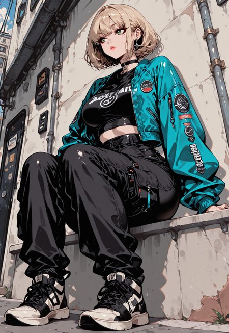 score_9, score_8_up, score_7_up, masterpiece, best quality, very aesthetic, detailed face, (dynamic:1), 1girl, Neon-cyan + Matte-black, Ash-blonde bob, neon-cyan crop-tee, matte-black oversized bomber, high-waist cargo pants, chunky sneakers, minimal-techno makeup, streetwear, style, berlin, 