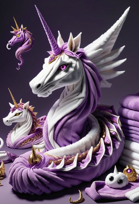 DonMT0w31XL towel, fusion of anagatogs,unicorn,demonocles,boa constrictor,tiger , purple <lora:DonMT0w31XL-000010:1>