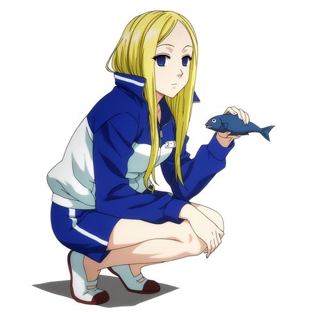 sharp focus, pixiv masterpiece, score_9, score_8_up,  source_anime, score_7_up, best quality, high res, absurd res, BREAK
<lora:Nino_arakawa_under_the_bridge_illu_v38:1>,nino_arakawa_il, (1girl, solo:1.5), blonde_hair, blue_eyes, blue_white_tracksuit, number_tag, long_hair, blue_shorts, side_stripes,uwagaki_shoes, (anime_screencap:1.1), white background, simple background,  expressionless, holding_fish,  crouching, full body, looking at viewer
