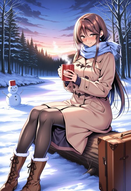 general,highres, ultra-detailed,very aesthetic,best quality ,best hands,masterpiece, best quality, newest, highres, score_9, score_8_up, score_7_up, source_anime, rating_explicit,1girl, yokota mamoru style,motion lines,Very straight nose，slim,slender face,perfect nose,torogao,seductive smile,looking at the viewer
Ichinose Honami,Brown hair, hair Parted to Side, Sidehair, Spiky Bangs, Waist Length hair,long hair,amber eyes,slim
snowman, 1girl, outdoors, sitting, blue scarf, holding cup, boots, log, earrings, mug, solo, suitcase, forest, bare tree, sky,, steam, long hair, breath, black pantyhose, winter clothes, coat, long sleeves, fringe trim, blush, cloud, book, brown footwear, impasto, vignetting, chiaroscuro, masterpiece, best quality, very aesthetic, absurdres <lora:illustrious_winter_collection_v11:1>