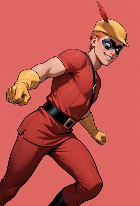 masterpiece, absurdres, high quality, perfect anatomy, 1boy, solo, cute boy, male focus, Speedy, Orange Hair, Domino Mask, White Eyes, Yellow Cap, Red Tunic, Tunic, Red Pants, Yellow Gloves, smug smile, parted lips, portrait, cinematic, intricately detailed illustration, depth of field, masterpiece, best quality, amazing quality, very aesthetic, absurdres, newest, very awa,  shadow, dynamic angle, casual cosplay, dynamic pose, simple background, red theme
