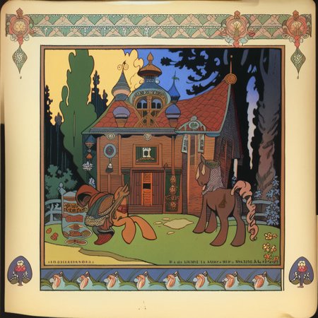 <lora:ivan-bilibin_pony_v1:1> ' asuka ' by bilibin ivan in 1911,design \(genre\),art nouveau \(modern\) \(style\), old Houses, score_9, score_6_up, score_7_up
