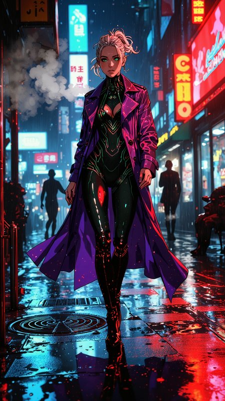 High-resolution anime-style illustration with bold painterly textures, vibrant metallic colors, and dynamic split lighting. A young woman walks through a rain-slicked cyberpunk alley, the neon glow of holographic billboards reflecting off wet pavement. Her iridescent violet trench coat shimmers under the clash of electric blue and fiery red lights, creating a striking contrast against the deep urban shadows. Her platinum-blonde hair is styled into a messy high ponytail, stray strands catching the pulsing reflections of city lights. Her sharp emerald eyes flicker with determination as she strides forward, her gaze focused ahead. She wears a form-fitting, high-neck bodysuit with metallic circuit-like patterns running along the fabric, paired with thigh-high boots that echo the glowing hues around her. Behind her, steam rises from a street vent, swirling through the air as distant silhouettes move past illuminated shopfronts. The distorted reflections of neon signs ripple across rain-soaked walls, intensifying the surreal energy of the futuristic metropolis <lora:Anime_Art_V3:0.7000000000000001> <lora:Evangelion_Post-impact_Apocalyptic_Style_Flux.1_D_by_AutoPastel-000019:0.9> <lora:Niji_anime_style_flux:0.6>