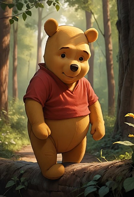 score_9, score_8_up, score_7_up, score_6_up, winniethepooh, solo, red shirt, shirt, 1boy, furry male, bear, short sleeves, black eyes, cute, standing in the forest,  trees, flowers, sunshine, facing viewer, looking at viewer, listening, concerned, friend, close up face, expressive face, caring, photorealistic render