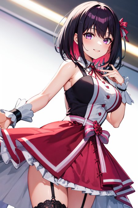 masterpeace, best quality, highres, 1girl, idol clothes, pink hair, black hair, wrist cuffs, colored inner hair, multicolored hair, sleeveless, short hair, purple eyes, ribbon, pink skirt, dress, large breasts, azki \(hololive\), <lora:AZKi_v10:0.7>, cowboy shot, smile, straight-on,