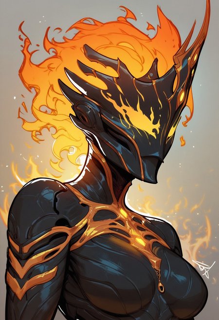 score_9, score_8_up, score_8, score_7_up, score_7, score_6_up, score_6, score_5_up, Score_5, 1girl, Hember, warframe, robot, fiery body, fiery hair, molten rock, multicolored body, black body, orange body, faceless, no mouth, ornamented  helmet, mask,  vox machine style, 1girl, female focus, solo, portrait, hell background, fantasy, (dynamic lighting:1.1)
((masterpiece))