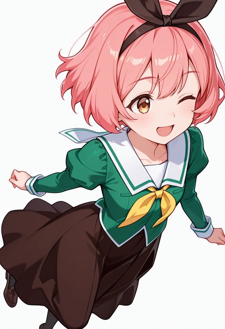 masterpiece,high quality details,absurdres, 
 <lora:Koshiba_Mai:0.8>
mar_cnr, 1girl, pink hair, short hair, bangs, brown eyes,black hairband,
mar_s1,green shirt, white sailor collar, serafuku,long skirt,black-brown skirt, juliet sleeves,pantyhose, loafers,, simple background, white background, dynamic angle,solo,, ;d,