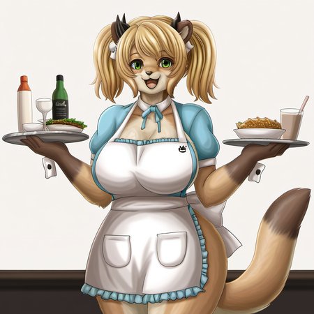 1girl, aletta, by kodoto, furry, furry female, weasel girl, apron, blonde hair, green eyes, horns, looking at viewer, open mouth, short hair, smile, solo, tray, twintails, waitress,