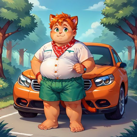 score_9, score_8_up, score_7_up, source_anime, fat, double chin, fat arms, fat legs, chubby cheeks, freackles, wearing a boyscout uniform, wearing shorts, wearing boy scout shirt, unbuttoned, wearing neckerchief, standing, summer camp background, 1boy, cat ears, car tail, paws, orage fur, solo, forest background, happy mood, young, ginger hair, messy hair,  barefoot, chibfurri, five toes, cub.