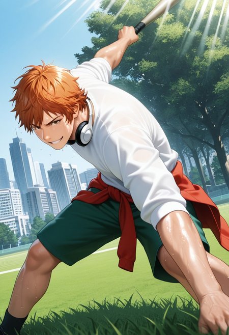 masterpiece, best quality, amazing quality, absurdres, newest, detailed background, definition so sharp, Ultra-HD, 8K cinematic, very awa, impressionate, amazing quality, highres, 
solo, male focus, manly, mature male, bara, outdoor, day, blue sky, sweating, sunbeam, grass, field, tree, city, 
1boy, short hair, headphone around neck, misakiyata, misaki_orange hair, misaki_brown eyes, white t-shirt, clothes around waist, green shorts, holding, baseball bat, dynamic pose, sports, dynamic angle, grin, smile, left-handed