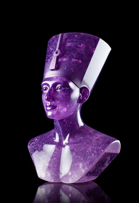 epic photography of A small-scale replica of the bust of Nefertiti, intricately crafted from sparkling amethyst crystals, displayed as a museum specimen. The statue highlights the iconic headdress, regal facial features, and timeless elegance of the original, with the translucent purple hues of the amethyst catching and refracting light. Set against a deep black background, the focused lighting emphasizes the gemstone's crystalline structure and detailed craftsmanship. The composition is minimalist and professional, evoking the aesthetic of a high-quality museum catalog photograph.