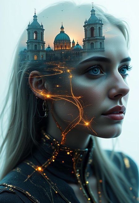 Beauty, realism, cinematography, chiaroscuro, rays of light, play of shadow and light, cinematic quality, Cinematic style. 
a double exposure image that combines the cityscape of berlin with a close-up of a person's face, tight dress, long hair, creating a dramatic and artistic effect where the two elements merge seamlessly, The image captures the haunting beauty of a cityscape merging with the detailed features of a person's face,