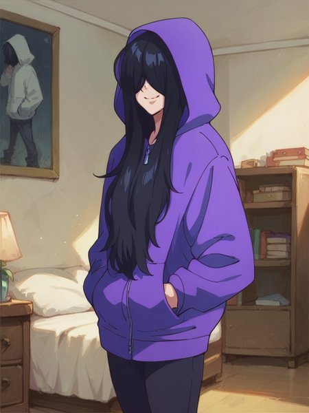 score_9, score_8_up, score_7_up,  
1girl, zenshu, black hair, long hair, hair over eyes, smile, purple hoodie, hands in pockets, indoors, bedroom, looking at viewer, hood up, hood,