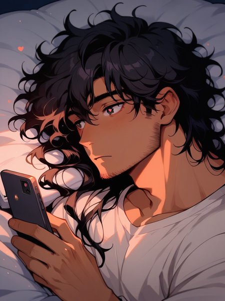 score_9, score_8_up, score_7_up, score_6_up, score_5_up,   <lora:ph0n3XLP:0.7> ph0n3, holding phone, lying, 1boy, long hair, black hair, black eyes, heart-shaped pupils, night, glow, tan, messy hair, <lora:f4c14lh41rXLP:0.7> f4c14lh41r, b6, facial hair, (cat:1.2)