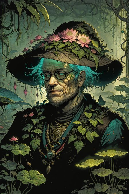 (masterpiece:1), (best quality:1), high contrast, strong shadows, outlines, <lora:graphicNovelStyle_v10:0.2>,
(1man, wrinkled face, old british male:1.2), frail,  turquoise eyes, graying hair, thick beard, 
<lora:GoodHands-beta2:0.8>,
(style-swirlmagic:0.8), focus on character, portrait, solo, upper body, looking away, detailed background, detailed face, (<lora:BiophyllTech:0.6>, fully-organic, bioluminescent, BiophyllTech theme:1.1), smile, botanist,  roots,  greenery, magical plants, colorful plants,  glowing plants,   magic,    green color scheme, lotus,  herbs, seeds,  ferns, science, botanical laboratory in background, low light, magical atmosphere,