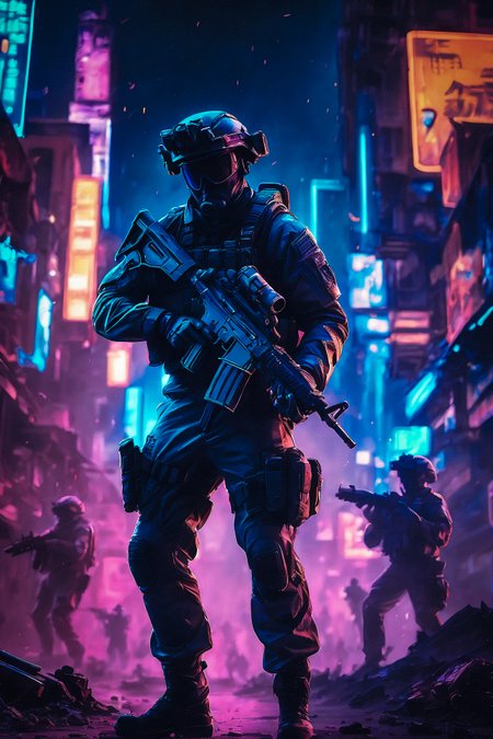 Soldiers in a neon city aiming guns and tactical, flashlight and neon lights blending in a chaotic dance, cinematic, realistic, atmospheric, ultra sharp, highly detailed, intricate