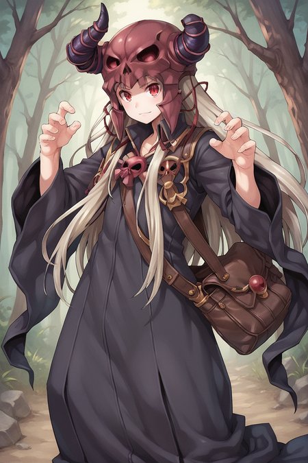 (score_9, score_8_up, score_7_up, score_6_up), source anime, BREAK, <lora:Necromancer:0.75> , necdef, 1boy, red eyes, long hair,  grey hair, horned helmet, skull brooch, collared robe, black robe, long sleeves, bag, looking at viewer, solo, standing, smile, (cowboy shot), action pose, dynamic pose, <lora:zy_Detailed_Backgrounds_v1:0.3> , detailed background, highly detailed, outdoors, forest,  <lora:90s4n1m3XLP:0.6> , 90s4n1m3,