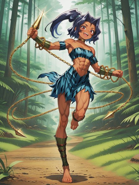 amazoness trainee, 1girl, barefoot, solo, abs, nature, dark-skinned female, muscular female, open mouth, forest, smile, navel, tribal, full body, grass, looking at viewer, running, outdoors, standing on one leg, toes, midriff, standing, gold neck ring, green vambraces, green ankle wrap, facepaint, blue hair ornament, blue bandeau, blue armband, blue skirt, chain whip, holding chain whip
masterpiece,best quality,amazing quality,very aesthetic,absurdres,newest,<lora:Amazoness Queen & Trainee illuXL v1:0.8>,