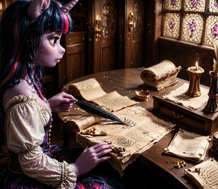 a highly realistic, high-resolution image of a anthro pony unicorn Twilight Sparkle in a medieval Gothic library, captured in an over-the-shoulder shot as she writes with a quill on a scroll, adorned in luxurious medieval attire and precious jewelry. The scene should feature an ornate brass candle holder with lit candles, towering shelves lined with ancient tomes, and a gloomy, mystical atmosphere. In the background, a magical crystal ball glows softly, and misty clouds creep across the stone floor. The image should exude a sense of horror, thriller, and mystery, with intricate details and textures that evoke a sense of realism. The final product should resemble a high-end stock photo.
(solo:1.5),  (Over-the-shoulder shot:1.5), (Over-the-shoulder shot:1.5), (Over-the-shoulder shot:1.5), (Over-the-shoulder shot:1.5), 
<lora:000_detailed_notrigger:1>
<lora:sinfully_stylish_SDKL:1> sinfully, dark dramatic lighting, shadows,
<lora:gothic_interior:0.7> (Indoors), Medieval Gothic library, table, scroll, ornate brass candle holder with candles, high shelves with many books, gloomy interior, magical crystal ball, clouds of mist creeping across the floor, (darkness in the windows:1.5), (dark sky theme), (Late evening theme), (dark evening sky:1.3), (stars:1.3), (late evening:1.3), sunset, (darkness:1.3),
<lora:MJ52:0.8> detailed, realistic, photo, cinematic, photography,
<lora:SDXLFaeTastic2400:1> realistic,
 <lora:DetailMaximizer:0.72> photo, detailmaximizer, 
 <lora:MidjourneyV6.1:0.7> midjourneyv6.1, 
<lora:Over-the-shoulder_shot:1> (over-the-shoulder shot:1.5),(over-the-shoulder shot:1.5),(over-the-shoulder shot:1.5),
 <lora:Expressive_H:1> Expressiveh, 
<lora:princess_xl_v2:0.5> blush, (Twilight Sparkle:1.5), cute, pony, unicorn, (solo:1.5), (anthro:1.5), (pony head:1.5), lavender skin, long fluffy hair, (cute pony nose:1.5), (pony ears:1.5), medieval dress with precious jewelry, (high detailed fingers:1.5), (high detailed cute pony face:1.5), (look at scroll:1.5), (look at scroll:1.5), (look at scroll:1.5), (look at scroll:1.5), (look at scroll:1.5), (holding a quill in her hand:1.5), (holding a quill in her hand:1.5), (holding a quill in her hand:1.5), (holding a quill in her hand:1.5), (holding a quill in her hand:1.5), (holding a quill in her hand:1.5), (holding a quill in her hand:1.5), (holding a quill in her hand:1.5), (sitting at a table and writing with a quill in a scroll:1.5), (sitting at a table and writing with a quill in a scroll:1.5), (Over-the-shoulder shot:1.5), (Over-the-shoulder shot:1.5), (Over-the-shoulder shot:1.5),