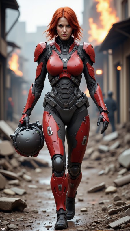 full-body candid capture of a white woman with shoulder-length fiery red hair, walking forward with purpose, helmet clipped to her belt. Her exo-armor is matte crimson and charcoal, ceramic-plated thighs and chest, optical cabling running down her calves. A badge emblem is engraved on her chestpiece. Background: urban battlefield ruins with distant fires and broken mech debris.







ftlas-mk.1

