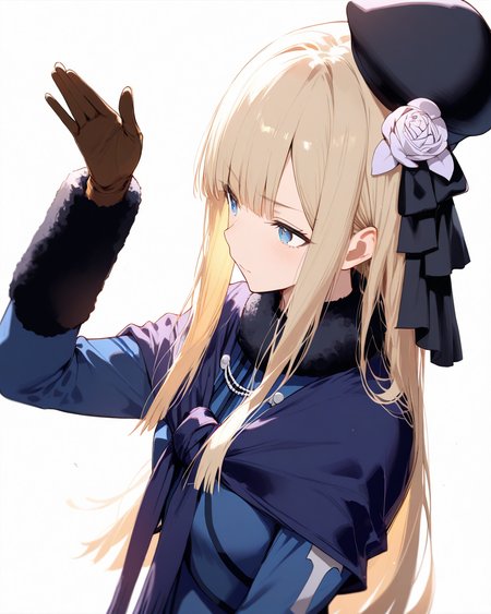 1girl,
ReinesElMelloiArchisorteFateGrandOrder,
safe, solo, dutch angle, upper body,
blonde hair, long hair, blue eyes, sidelocks, blunt bangs, straight hair,
hat, hair flower, fur collar, blue capelet, blue jacket, long sleeves, fur-trimmed sleeves, gloves, blue dress, black pantyhose, ankle boots
simple background, white background,
depth of field,
<lora:kp_ReinesElMelloiArchisorteFateGrandAnimagineXL_v1_0:1.0>,
masterpiece, high score, great score, absurdres