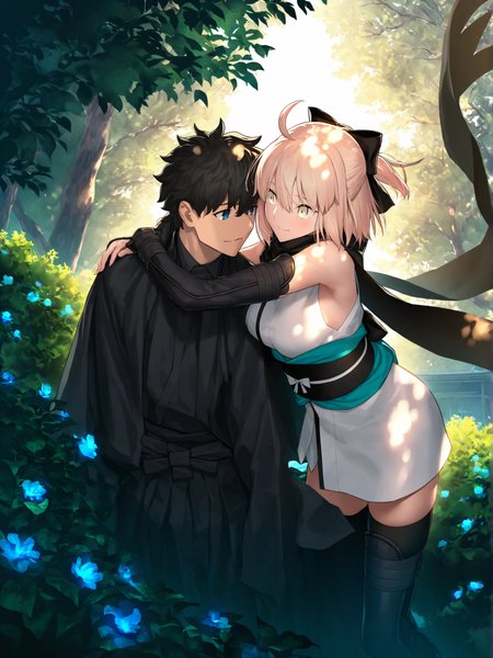 1girl, okita souji \(koha-ace\), fate \(series\), yellow eyes, hair between eyes, short hair, blonde hair, ahoge, hair bow, large breasts, short kimono, sleeveless kimono, white kimono, black scarf, black thighhighs, black ribbon, half updo, obi, elbow gloves, fingerless gloves,

1boy, fujimaru ritsuka \(male\), black hair, blue eyes, alternate costume, japanese clothes,

hetero, hug from back, looking at another, 

japanese building, outdoors, nature, tree, flower, bush, foliage, dappled sunlight,

(koyama hirokazu:0.7), (kousaki rui:0.6), (takeuchi takashi:0.5),

(very awa, very aesthetic, masterpiece, best quality, highres, absurdres, :1.2)
