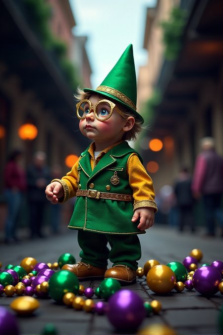 Whimsical images of mardi gras, vibrant colors, carnival atmosphere,  The Magic of the Mardi Gras Beads: It's said that each Mardi Gras bead holds a tiny bit of magic, and when they're all combined, they create a powerful energy that makes the celebration so special. Can you, a bead collector and magic enthusiast, gather enough beads to harness this energy and make this year's Mardi Gras the most magical one yet?âââ