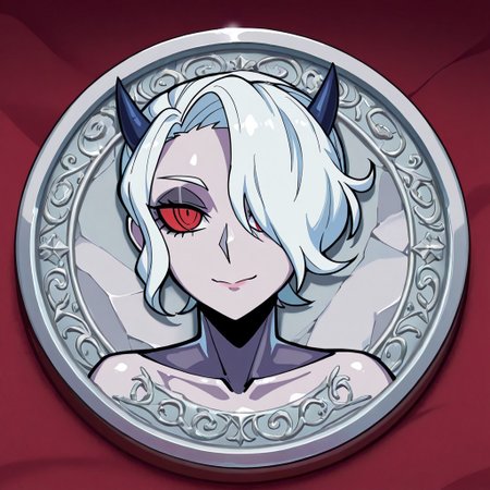 masterpiece, best quality, newest, absurdres, highres, anime, anime style, TheC0in, objectification, 
TheC0in-silver, silver, silver coin, coin, made of silver, silver skin, silver hair,
1girl, zdrada \(helltaker\),