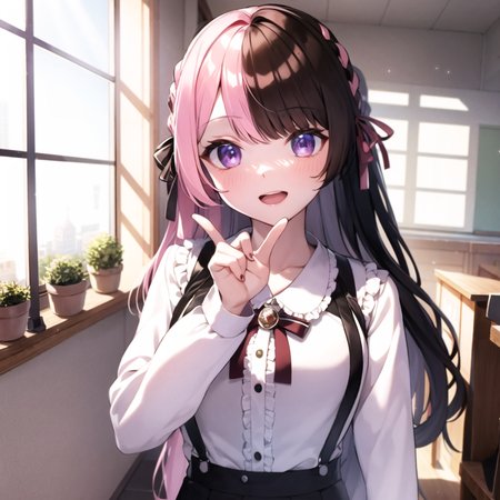 masterpiece, best quality, photorealistic, 3D, shiny_skin, shiny_hair, dynamic angle, beautiful detailed glow, light particles, HDR, Rembrandt lighting, colorful refraction, lens flare, bloom, 
film Reflection, colorful refraction, chromatic aberration, light diffusion, public indecency, cowboy shot, deep meaning, physically-based rendering, bright, vibrant, intricate, particles, light rays, 
indoors, classroom, cloudy sky, 

1girl, tachibana hinano, :d , bangs, black nails, black ribbon, braid, brown hair, collarbone, fingernails, hair ribbon, long hair, long sleeves, looking at viewer, multicolored hair, nail polish, open mouth, pink hair, pink ribbon, ribbon, shirt, smile, suspenders, two-tone hair, white shirt
 <lora:unofficialVspoTatibana_v07:1>
