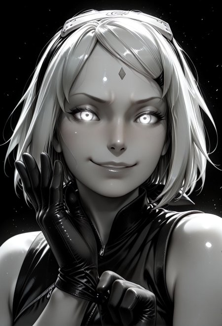 SmoothNoob_Quality, (greyscale:1.5), 1girl, haruno sakura, naruto shippuuden, portrait, upper body, smug, glowing eyes, tied bandana on hair, sleeveless, adjusting gloves, open hand, spot color, black and white, dynamic angle, looking at viewer, (black background),<lora:Mature_Comics_Style_-_NoobAI:1>,​​​