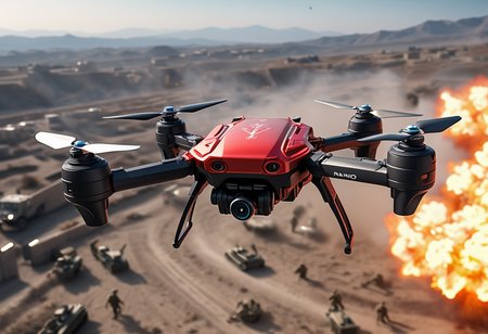 award winning, (professional photo) of (lightweight nano red drone) with reflective-surfaces body, ducted fans, retractable arms,   the drone is flying over  a modern warzone, with soldiers in camouflage, tanks rolling by, and the sound of gunfire and explosions in the distance, , creative, beautiful, vibrant, masterpiece, 64k, UHD, HDR, full view, atmospheric lighting, extremely detailed