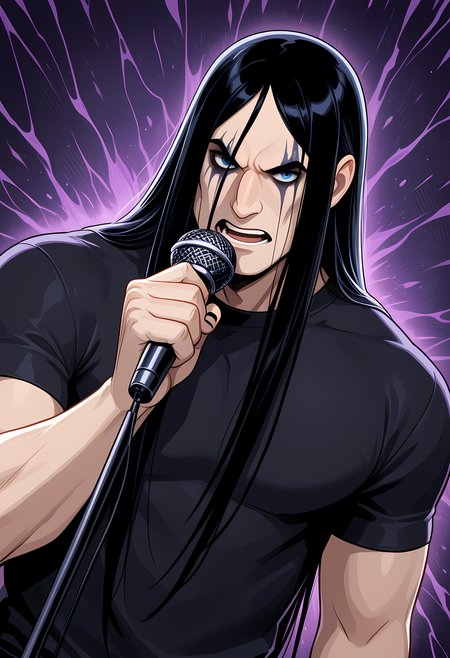 masterpiece, best quality, amazing quality, dutch angle, abstract background, BREAK
1boy, solo, male focus, nathanexplosion, black hair, long hair, blue eyes, holding microphone, dark eye makeup, black shirt, BREAK
<lora:cfg_scale_boost:.6>   <lora:Nathan_Explosion_-_Metalocalypse_-_ILXL:1>