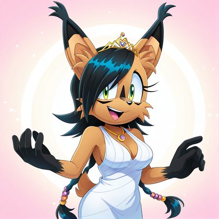<lora:nicole_lynx_illustrious-000010:1>,  (masterpiece), (best quality), (ultra-detailed), amazing quality, very aesthetic, illustration, perfect composition, intricate details, absurdres, incredibly absurdres, nicole the lynx, 1girl, long hair, breasts, looking at viewer, smile, open mouth, large breasts, dress, cleavage, jewelry, medium breasts, green eyes, tail, braid, earrings, teeth, necklace, white dress, hair over one eye, tiara, animal hands, snout, sonic the hedgehog \(series\), furry, furry female, black hair, animal ears, animal nose, animal ear fluff, solo, solo focus, body fur, brown fur, facial markings
