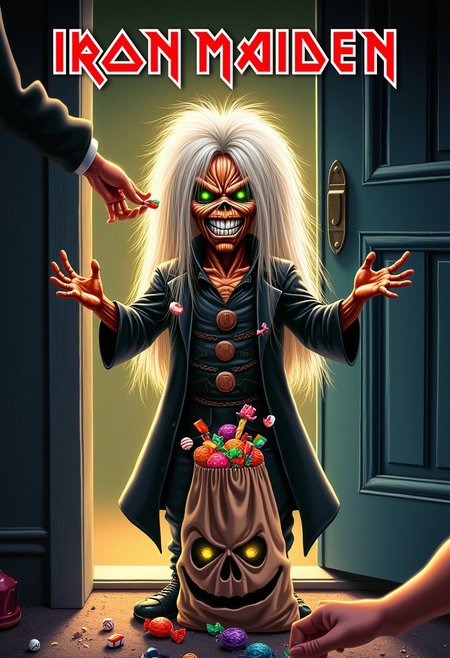 highly detailed poster illustration, anime, poster, Child sized Eddie dressed in a halloween costume. Long platinum blonde wig, wicked grin, glowing green eyes, Holding a bag out with both hands for trick or treating, standing outside of  a doorway, hand from inside the doorway drops candy into the bag.  Title at top of poster "Iron Maiden"