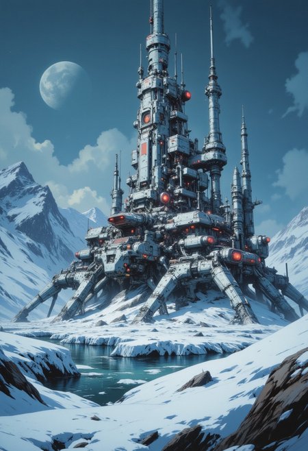 OBxiaoxiang, CAICO, inksketch blue and white theme, detailed photorealistic image, a_skynet_cyberdyne_craft, the image is featuring a moonlit scene of a Cyberdyne armoured fortress on a glacial landscape of ice and snow, with gleaming towers, white and gunmetal grey alloy surfaces with high-end circuitry, red glowing diodes and lights, giving a highly advanced, industrial military look, with large plasma cannons and rocket launchers; large depth of field. The sky is a dark blue, with a moon hanging low in the horizon