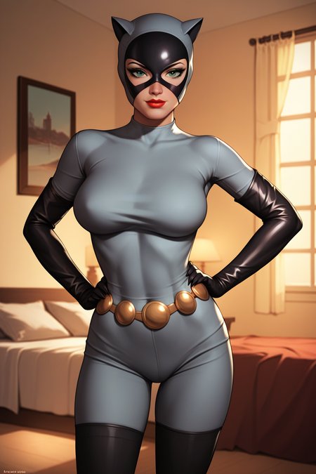 retro artstyle, parody, source_cartoon, score_9, score_8_up, score_7_up, score_6_up,  <lora:add-detail-xl:1>, raytracing, absurd, intricate, ((zPDXL2)), (absurd resolution, perfect anatomy, cowboy shot) BREAK <lora:Catwoman:0.8> selina kyle, green eyes, ((looking at viewer)), mask, animal ears, cat ears, bodysuit, elbow gloves, belt, thighhighs, lipstick, makeup, large breasts, toned, athletic, thigh gap, standing, hands on hip, in luxurious bedroom, indoors