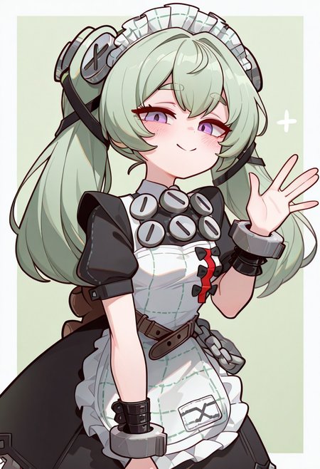 masterpiece, best quality, amazing quality, very aesthetic, absurdres, diives,
masterpiece, best quality, high resolution, absurdres, 1girl, corin_wickes, purple_eyes, green_hair, long_hair, twintails, small_breasts, hair_ribbon, black_ribbon, screw_hair_ornament, maid_headdress, maid_dress, black_dress, puffy_short_sleeves, maid_apron, white_apron, frills, shackles, wrist_belt, brown_belt, chain, bear_bag, looking_at_viewer, blush, green_background, white_border, shadow, waving, smile