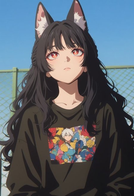 masterpiece, best quality, very awa, absurdres, detailed eyes, detailed face, detailed skin, simple background, BREAK 
Flat colors, high detailed, high quality, masterpiece, best quality, very awa, absurdres, detailed eyes, detailed face, detailed skin, simple background, BREAK
(colourful:1.3), (cute character:1.5), 1girl, miyabihoshimi, miyabi hoshimi, animal ear fluff, animal ears, black hair, bright pupils, fox ears, fox girl, half updo, long hair, red eyes, sidelocks, white pupils, male, detailed eyes, xiaohongshu style, aegyo sal, solo, beautiful eyes, focus face, 1girl, stands with her back leaning against a fence, looking up into the sky, chain link fence, outdoors, angle from below, looking up at the sky, 748cmstyle