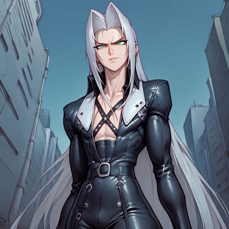 score_9, score_8_up, score_7_up, flightless detailed closeup action shot, from front, Sephiroth leaping through the air swinging very long sword in a wide overhead arc, smug expression, dynamic pose, exaggerated perspective emphasizing action, in an industrial city at night, dim street lighting, solo, beautiful, androgynous, flat chest, leather straps, broad shouldered, leather coat, high contrast, industrial cityscape background,
