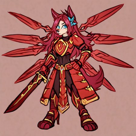 Cr01a,1girl,solo,furry,furry female,animal ears,long hair,red hair,hair ornament,blue eyes,snout,animal nose,body fur,tail, red power armor, mecha musume, official alternate costume, solo,  1girl, black bodysuit, red sword wings, red headgear, red armored gloves, red breastplate, red mechanical boots, red huge sword, holding red huge sword full body, sky